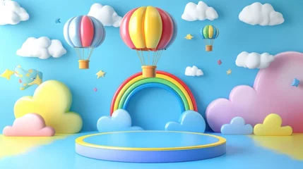 Colorful, whimsical scene with hot air balloons, clouds, and a rainbow.  A circular platform is the focal point