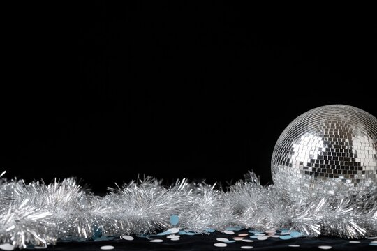 Shimmering disco ball reflects light, surrounded by silver tinse