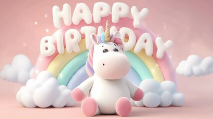 Cute pastel 3D unicorn with rainbow and Happy Birthday text in dreamy animated celebration video