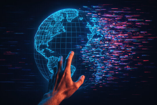 A single hand reaching toward a digital wireframe globe unraveling into fragments symbolizes innovative strategy and decision-making in global business growth - Powered by Adobe