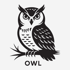 Cute owl, a brown feathered bird, perched wisely on a branch illustration