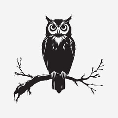 Cute cartoon owl sitting on a tree branch at night.