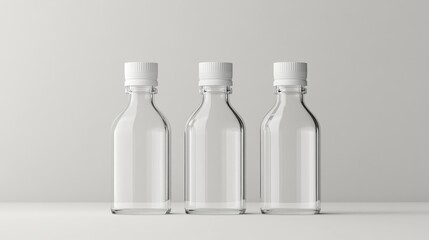 Three clear glass bottles with white caps