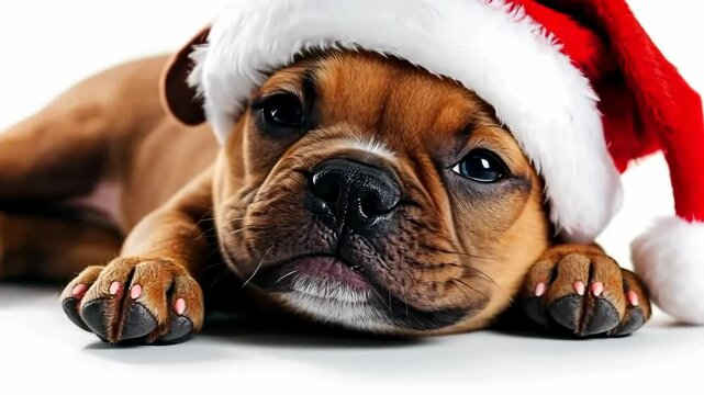 Adorable puppy with santa hat expresses holiday cheer across three cute frames