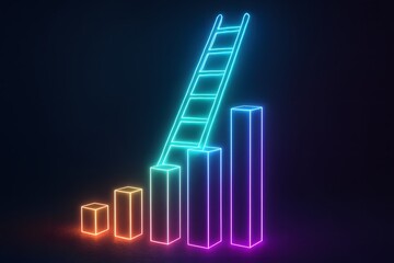Futuristic glowing neon ladder placed on rising financial bar chart, symbolic illustration of business growth, career advancement, and success visualization.
