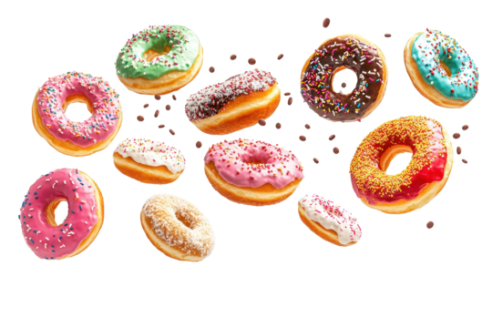 Colourful decorated donuts fall with style adding motion and fun to your transparent design compositions