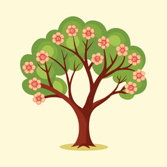Stylized Spring Tree with Pink Blossoms and Green Foliage on Beige Background