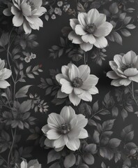 Fototapeta premium Subtle charcoal floral wallpaper, delicate blooms & leaves , background, design, plant
