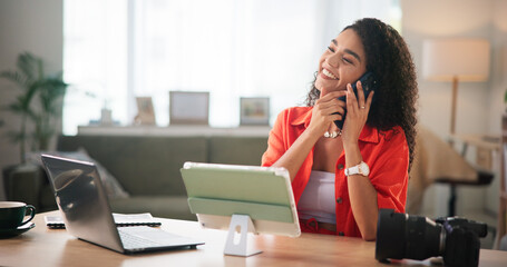 Phone call, photographer and smile with woman in office for catalog editor, client briefing or communication. Photography review, content creation and remote worker with person and laptop at home