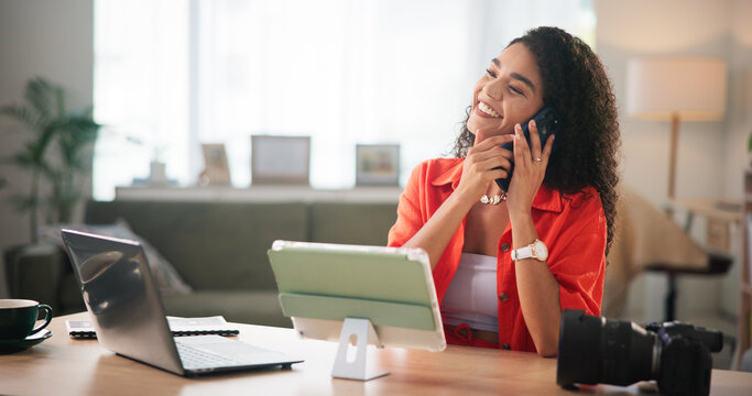 Phone call, photographer and smile with woman in office for catalog editor, client briefing or communication. Photography review, content creation and remote worker with person and laptop at home - Powered by Adobe