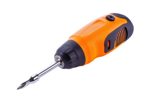 Toolkit visuals with a cordless orange screwdriver on transparent white background