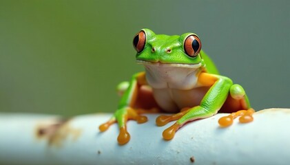 Naklejka premium Green tree frog perched on white, vibrant skin, reptile, frog, texture