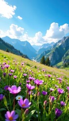 Obraz premium Purple, pink wildflowers carpet a serene landscape under a vibrant blue sky , beautiful, flora, carpet
