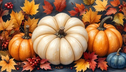 Pumpkins and Autumn Leaves in a Colorful Fall Arrangement