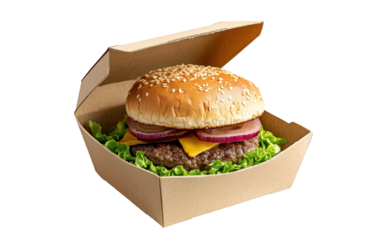 Eco packaging solutions using a craft brown burger box in transparent PNG format for design