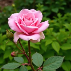 Single pink rose, elegant long stem, vibrant foliage, garden setting, bloom, summer, plant