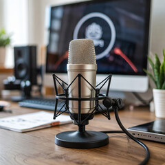 Silver desktop microphone for recording/communication. Volume control, adjustable stand, sleek design.