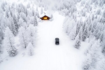 Snowy landscape features cozy cabin glowing warmly amidst toweri