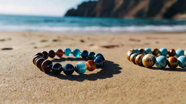 Delicate bracelets made of natural shells against the backdrop of gentle sea waves.