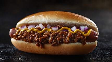 Coney Island hot dog meat chili onions mustard toasted bun served black textured background American regional fast food New York classic moody rich visual style cut out isolated transparent background