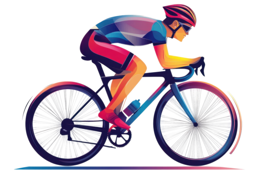 Cyclist man riding fast on a bike with transparent white background