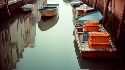 Charming boats lie moored amid still waters, orange crates aboard, reflecting the relaxed rhythm of canal life.