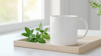 Clean White Coffee Mug Mockup with Fresh Mint on Wooden Tray coffee mug mockup white mug blank mug