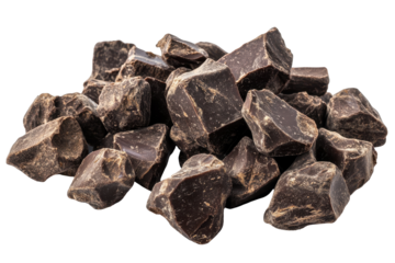 Dark chocolate chunks scattered perfectly on a white background for delicious dessert designs and recipes