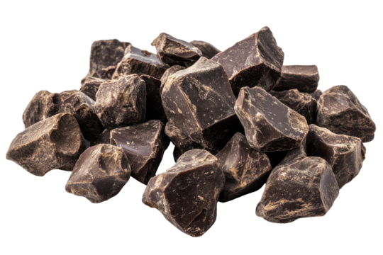 Dark chocolate chunks scattered perfectly on a white background for delicious dessert designs and recipes