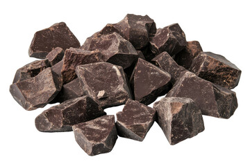High resolution dark chocolate chunks on a transparent white backdrop