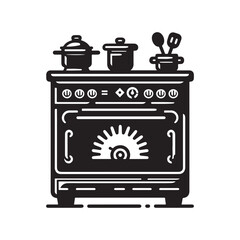 Stove Silhouette Vector Illustration, Solid White Background.