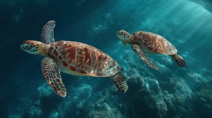 Obraz premium The graceful movement of sea turtles swimming in their natural habitat