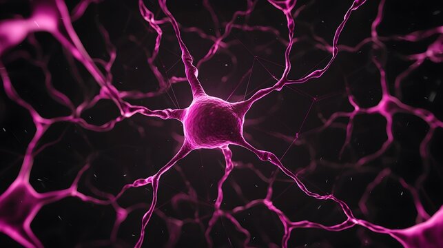 The image shows a pink neuron with its axons and dendrites, intricately detailed against a dark background with floating particles.