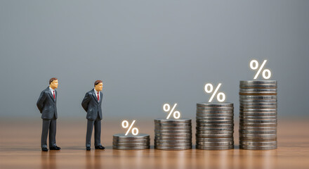 Stacks of Coins with Percentage Symbol Show Interest Rate and Two Miniature Businessmen on Wooden Table Against Gray Backdrop