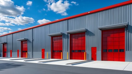 Modern warehouse with red doors and blue sky