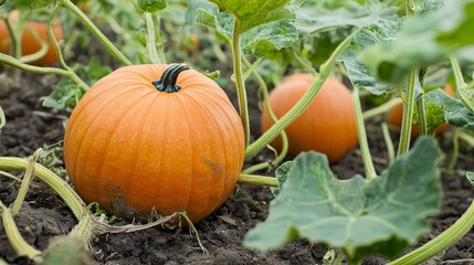 Vibrant Deep Orange Pumpkins Nestled in Lush Green Foliage