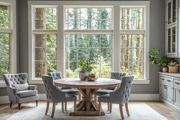  Cozy dining room with large windows, round wooden table, and gray chairs in a modern farmhouse-style home, featuring natural lighting and greenery outside.