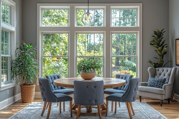 Fototapeta premium Cozy dining room with large windows, round wooden table, and gray chairs in a modern farmhouse-style home, featuring natural lighting and greenery outside.
