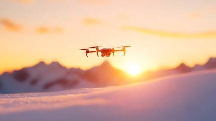 Fototapeta na wymiar 夕焼け空に浮かぶドローン 雪山を背景にオレンジ色の光が差し込む 冬の風景