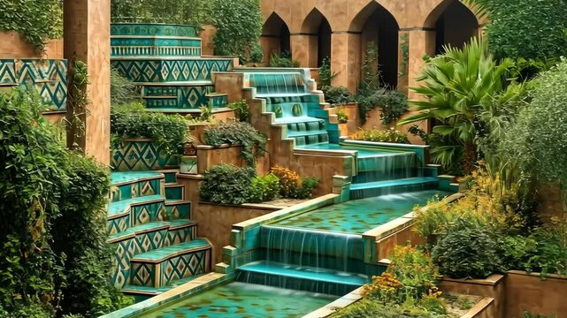 Artistic vision inspired by the Hanging Gardens of Babylon, second wonder of the ancient world, with tiered turquoise waterfalls, lush greenery and elegant stone arches. 4K video