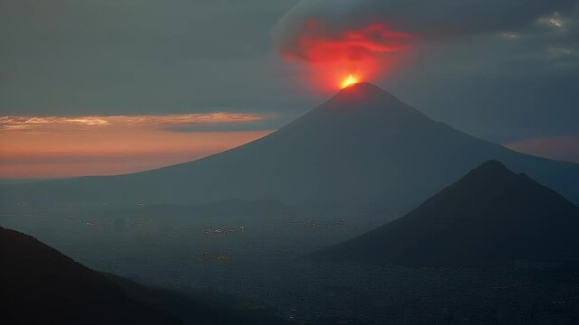 Distant View of a Prominent Volcanic Mountain from an Urban Area at Sunset