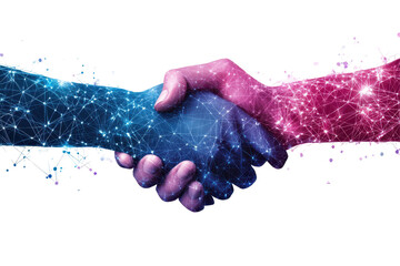 Abstract digital handshake image on white background perfect for business tech deals or virtual communication concepts