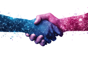 Abstract digital handshake image on white background perfect for business tech deals or virtual communication concepts