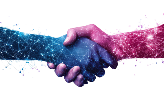 Abstract digital handshake image on white background perfect for business tech deals or virtual communication concepts