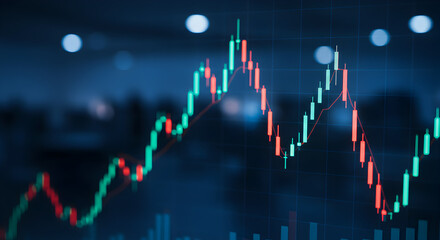 Stock Market Candlestick Chart Depicting Financial Data in Red and Green Against a Dark Blue Bokeh Background