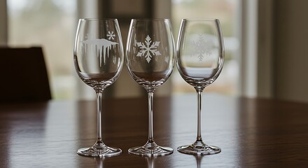 Three winter themed etched wine glasses stand on a wooden table indoors