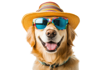 Stylish dog wearing vibrant hat and sunglasses great for social media content or pet brand ads