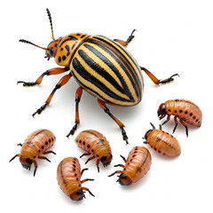 Colorado potato beetle and larvae on a white background