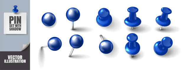 Realistic 3D Push Pins and Round Thumbtacks. Blue Plastic Pins with Shadows Isolated on Transparent Background