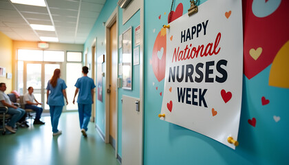 Nurses celebrating National Nurses Week in a hospital hallway  